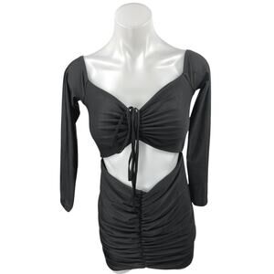 Adika Black Cut-Out Long Sleeve Ruched Tie Sweetheart Neck Mini Bodycon Dress M